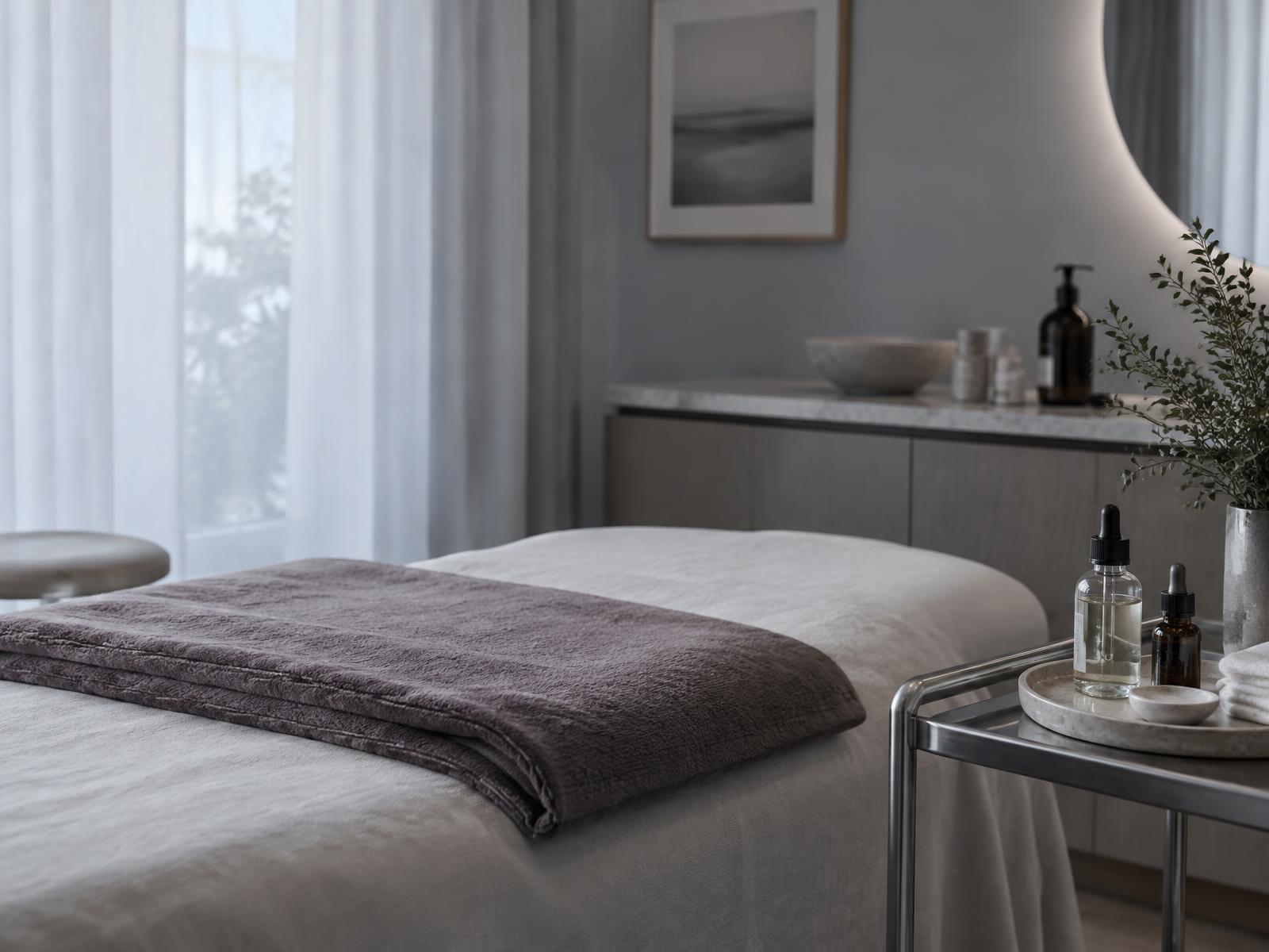 A quiet treatment room: folded plum blanket and glass dropper bottles