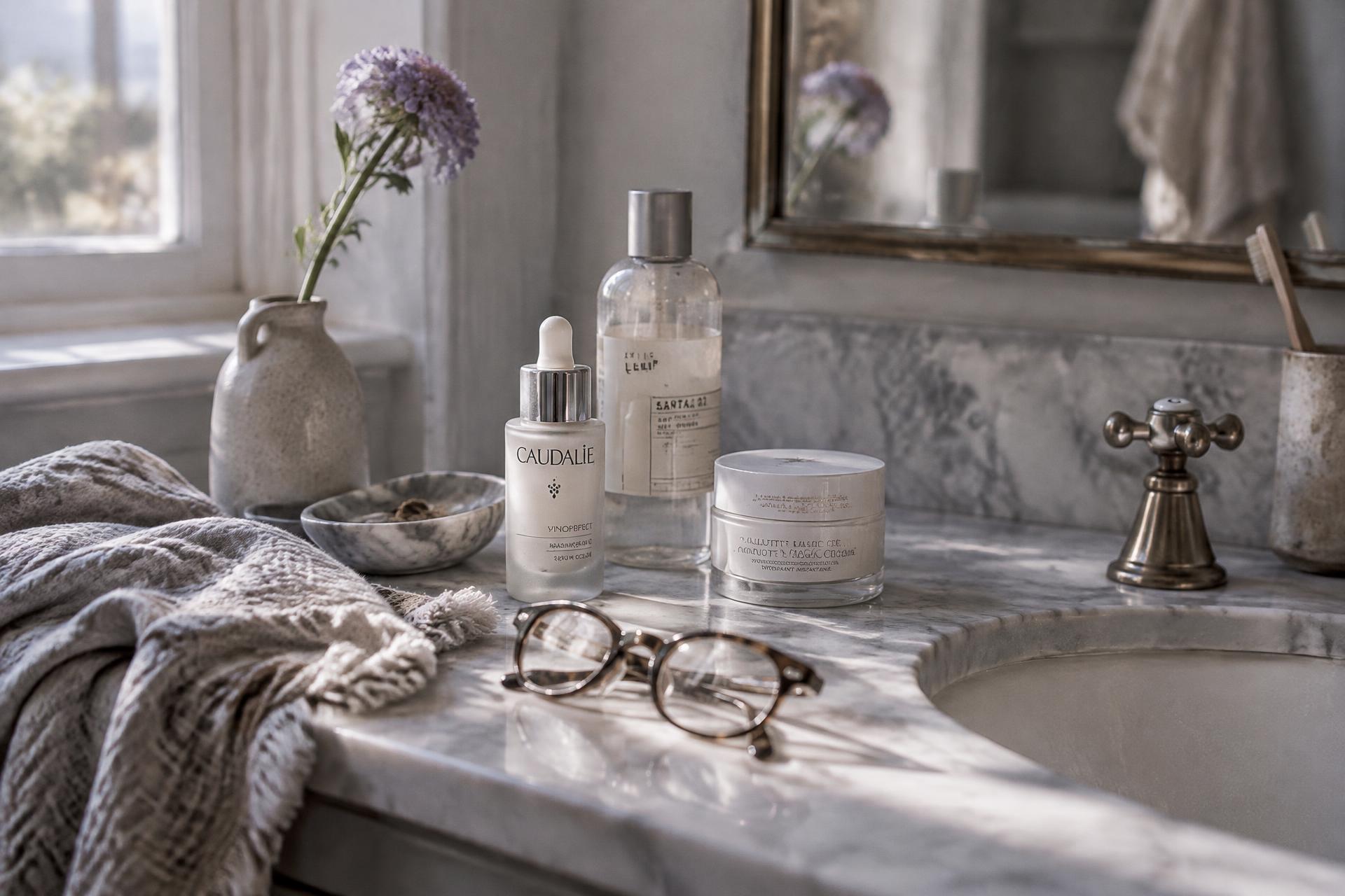 Morning light across a bathroom vanity with skincare, reading glasses and a single flower